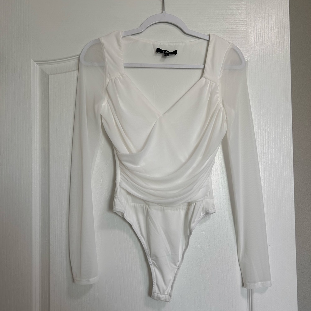 Lulus Sheer Confidence White Mesh Ruched Long Sleeve Bodysuit - Size S - Picture 3 of 4